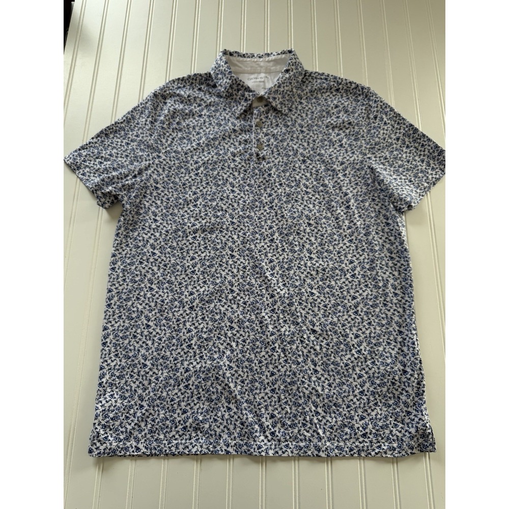 Calvin Klein Liquid Touch Women's Polo Size L White Blue Floral 100% Cotton